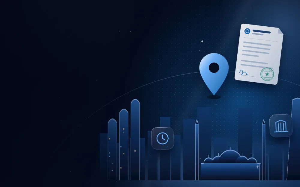 Location pin over the Abu Dhabi skyline with a stamped document