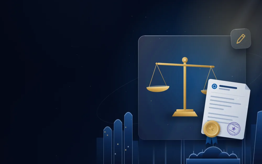 Golden scales of justice beside a notarised document and seal with the Abu Dhabi skyline