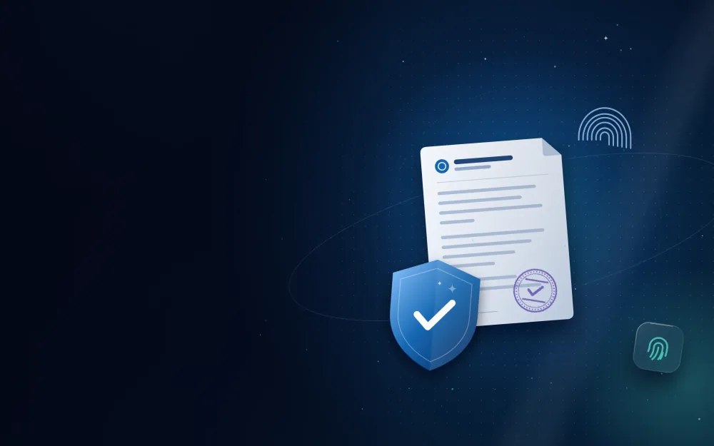 Good conduct certificate with a blue shield check mark and a fingerprint
