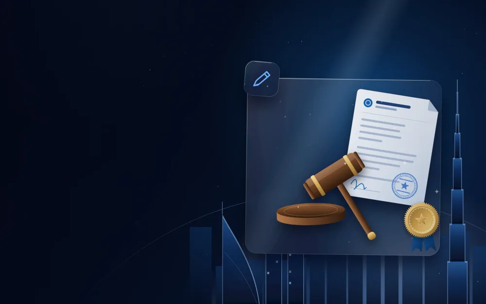 Wooden gavel, notarised document and gold notary seal with the Dubai skyline