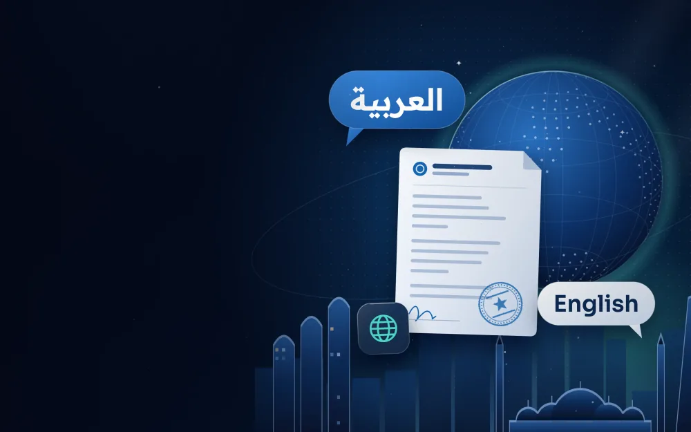 Arabic and English speech bubbles next to a legal document and a globe, with the Abu Dhabi skyline behind