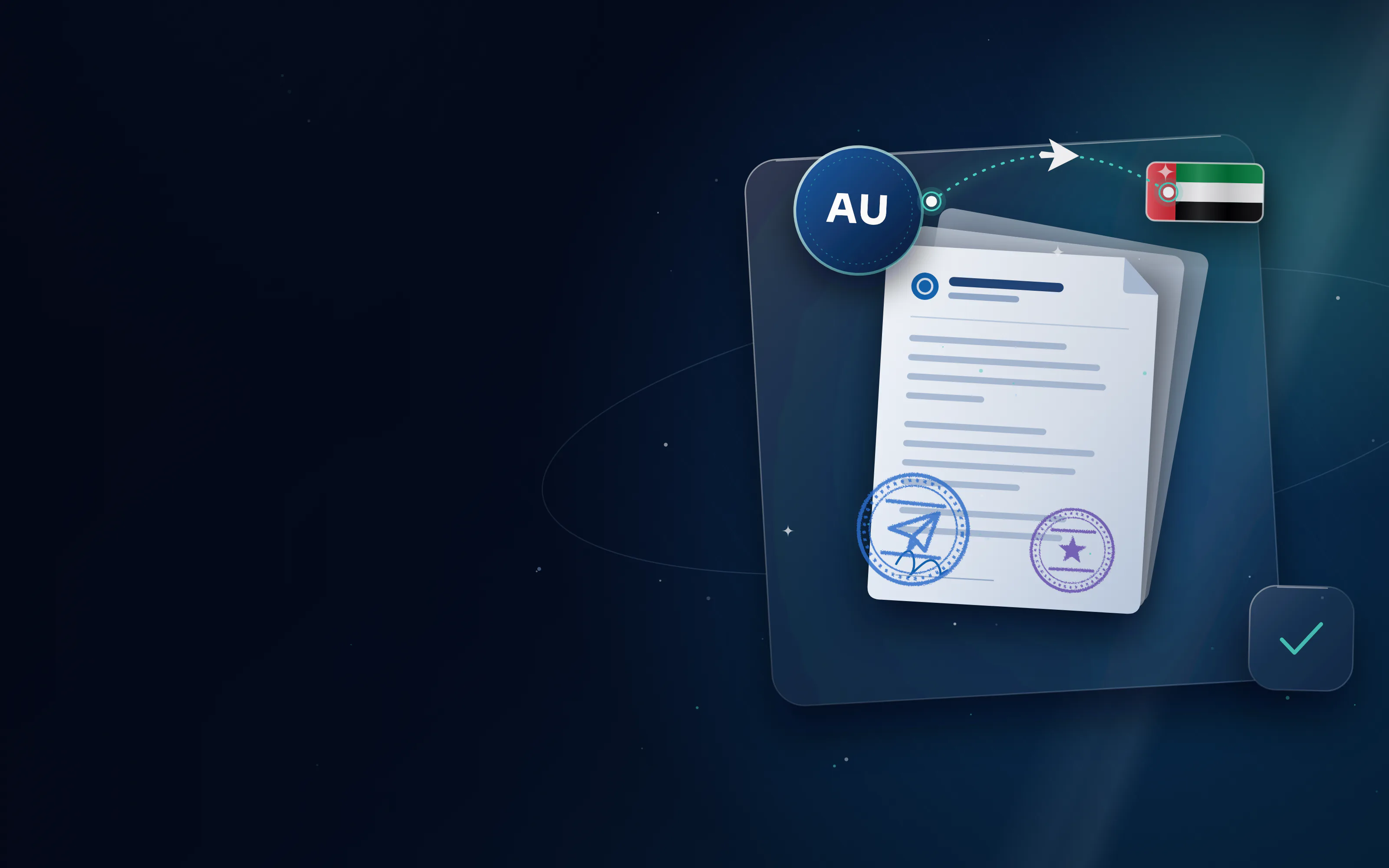 Stamped documents with a AU badge for Australia, a UAE flag and a flight route between them
