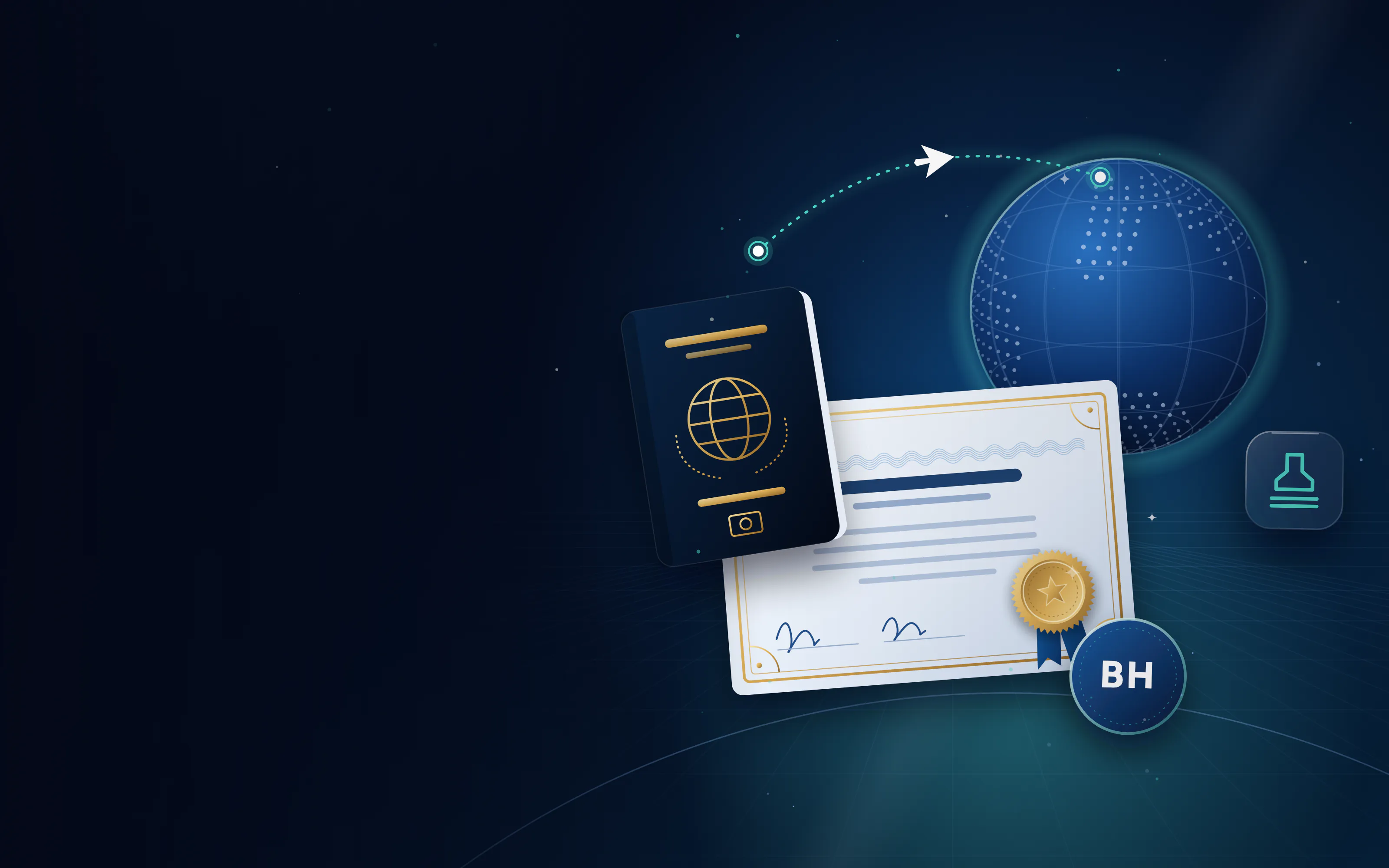 Passport and attested certificate with a BH badge for Bahrain, a small globe and a flight route