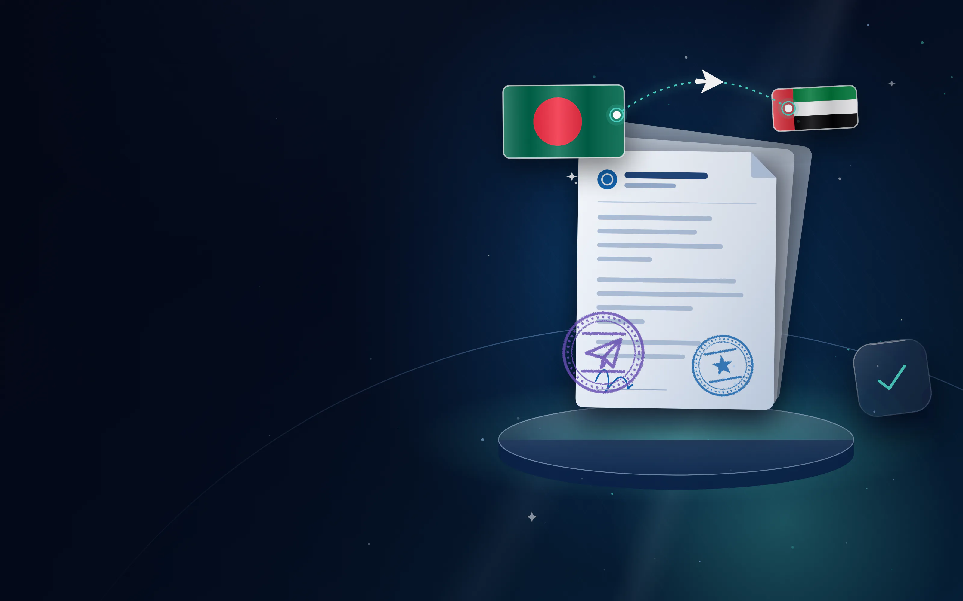 مستندات مختومة مع علم بنغلاديش وعلم الإمارات ومسار رحلة بينهما