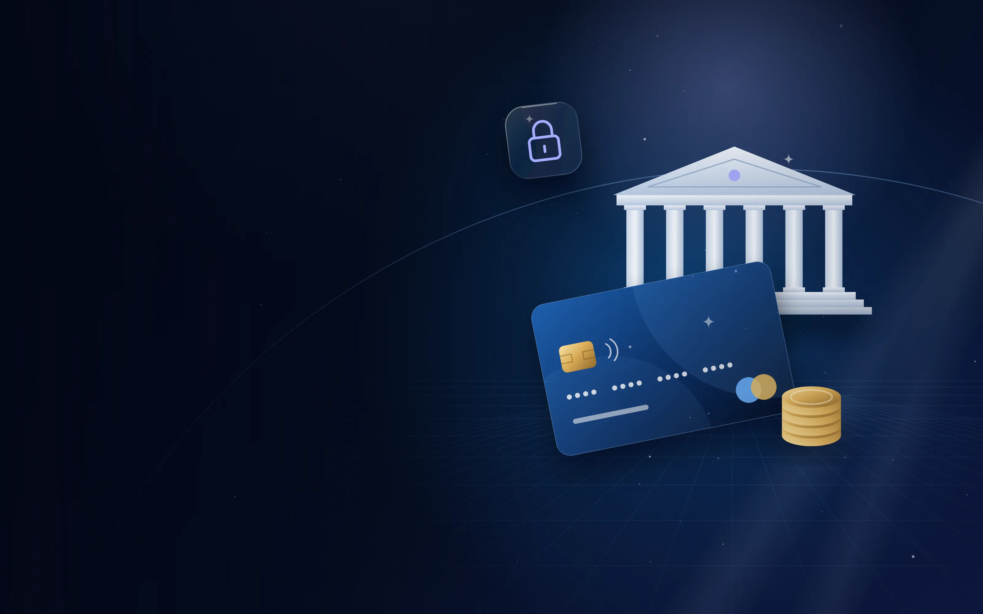 Company bank card with gold coins in front of a classical bank building