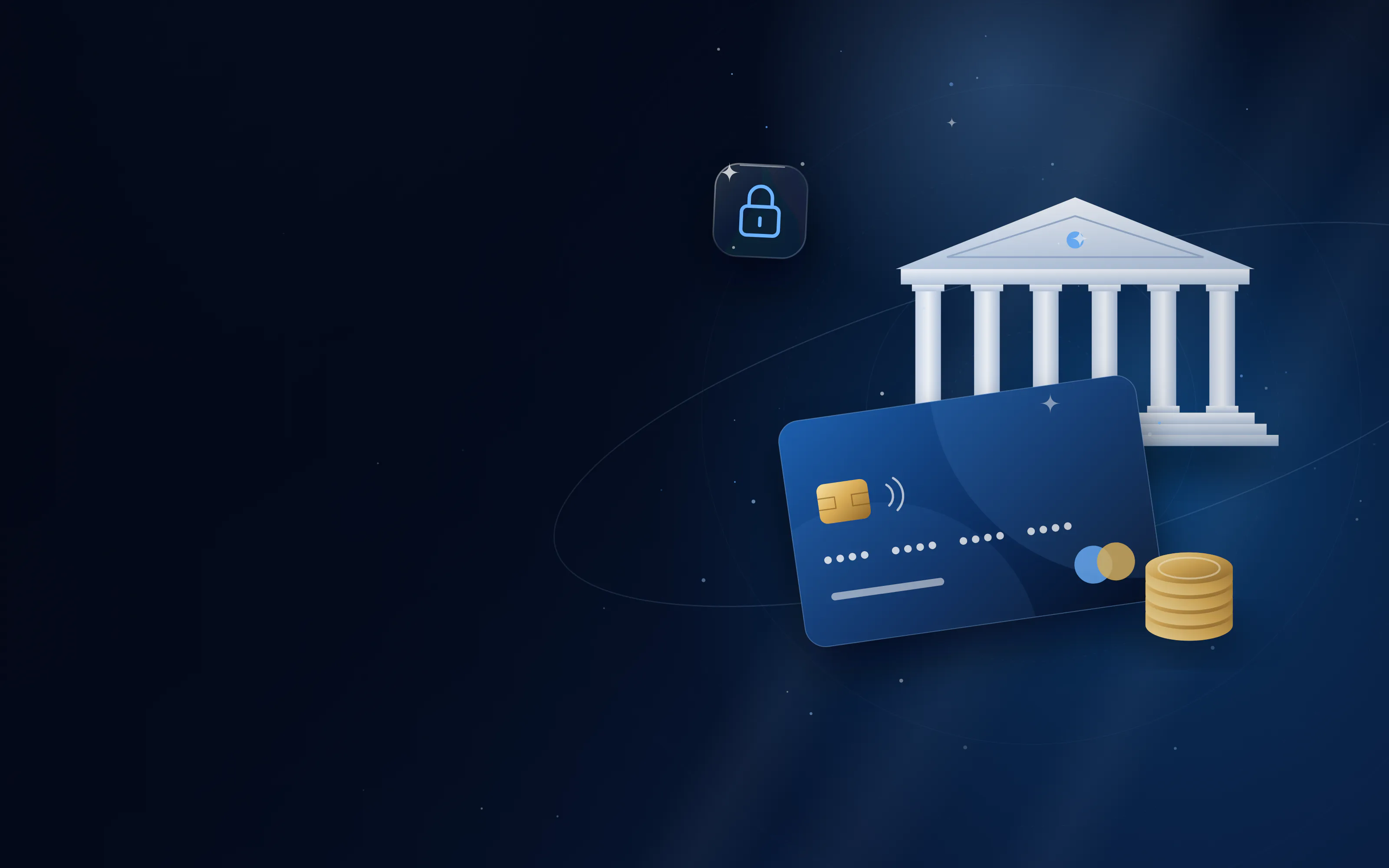 Company bank card with gold coins in front of a classical bank building