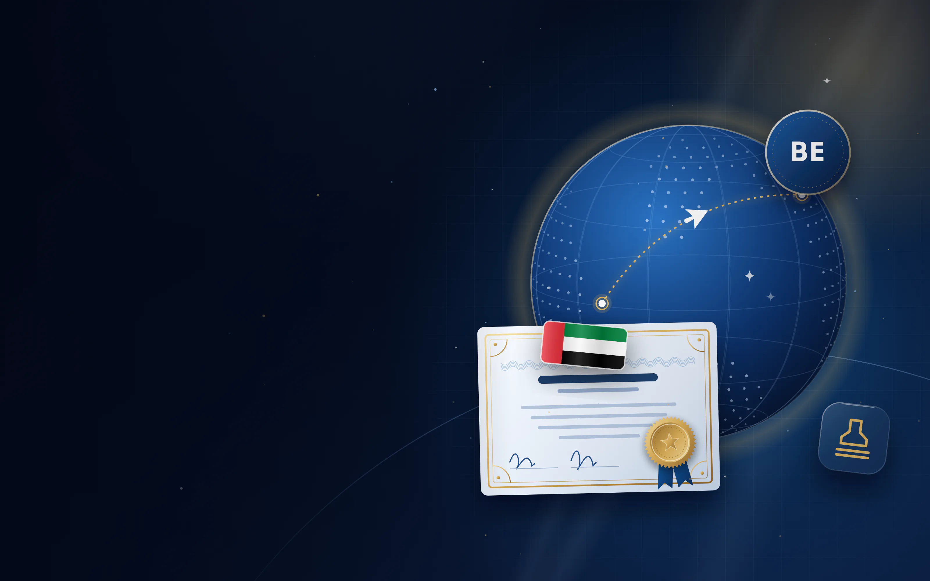 Globe with a route from Belgium to the UAE, a BE badge for Belgium and an attested certificate with a gold seal