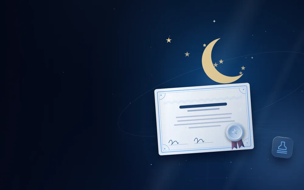 Birth certificate with a pink ribbon seal under a large crescent moon and stars