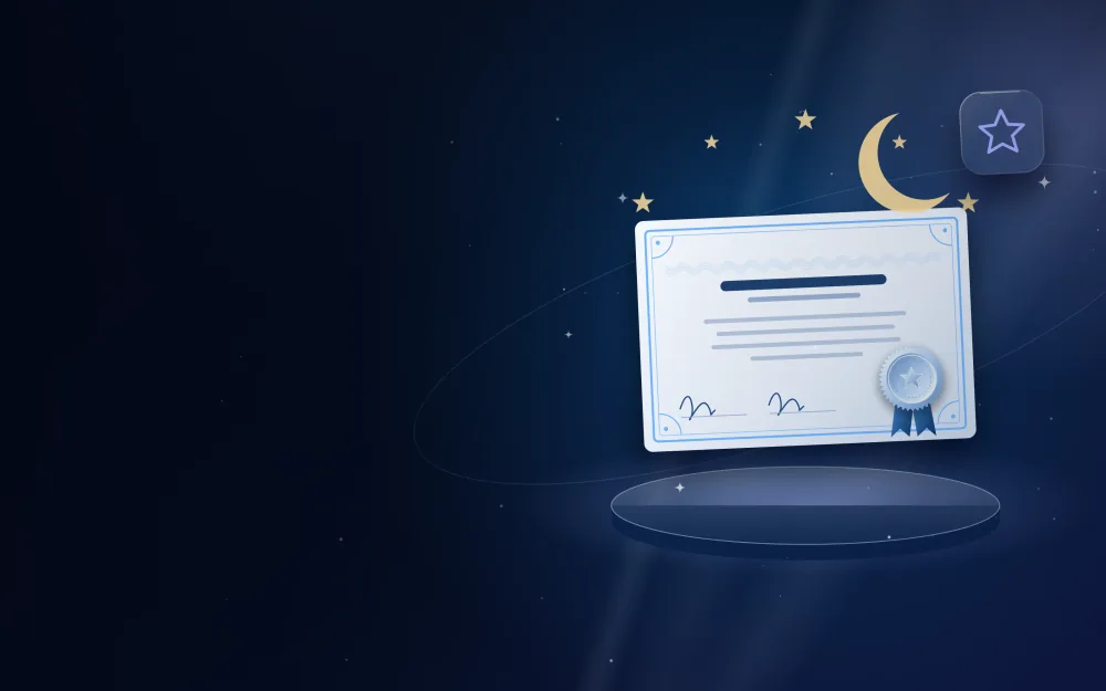 Birth certificate with a ribbon seal under a crescent moon and stars