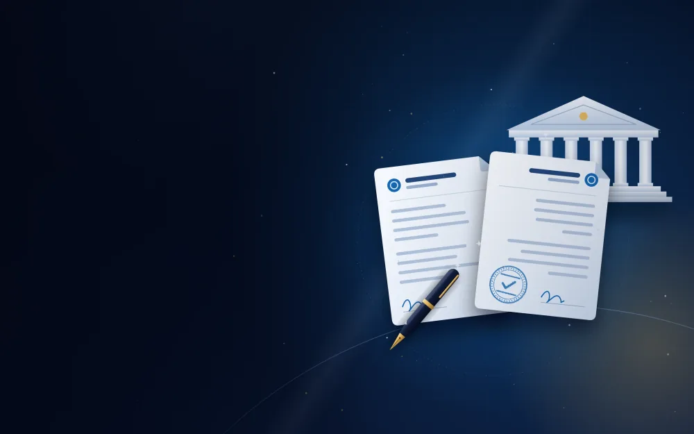Memorandum of association pages with a company building and fountain pen