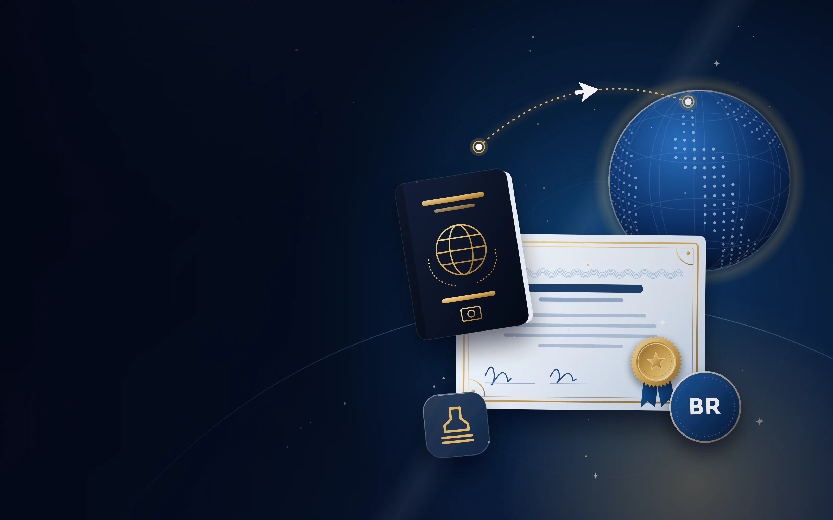 Passport and attested certificate with a BR badge for Brazil, a small globe and a flight route