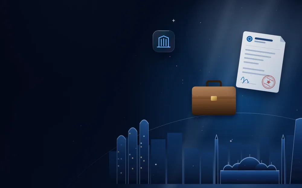 حقيبة أعمال ومستند تسجيل أمام أفق المدينة