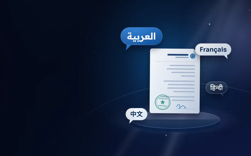 Translated document surrounded by Arabic, French, Hindi, Chinese speech bubbles