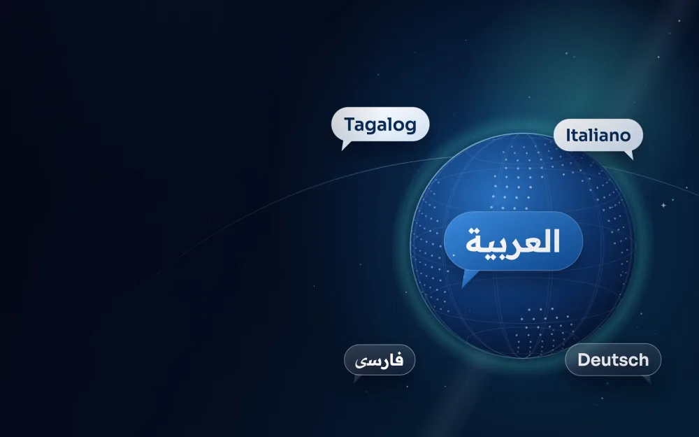 Arabic speech bubble around a globe, surrounded by Tagalog, Italian, Persian, German language samples