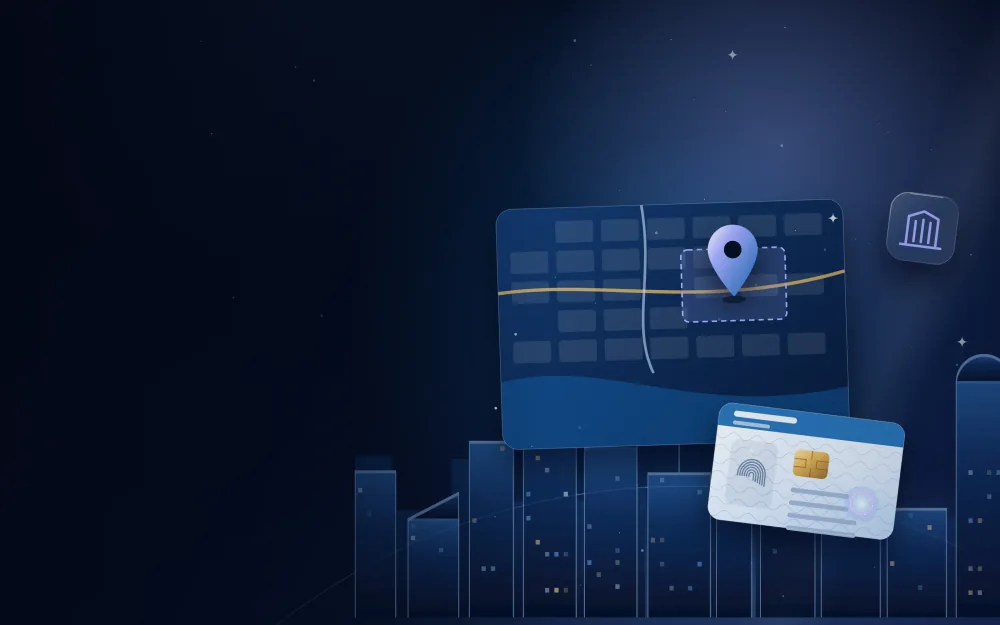 Stylised city map with a highlighted free zone plot, a location pin and a licence card