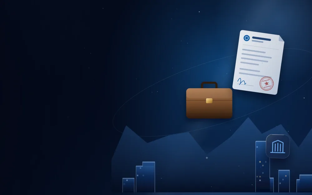 Business briefcase and registration document in front of a city skyline