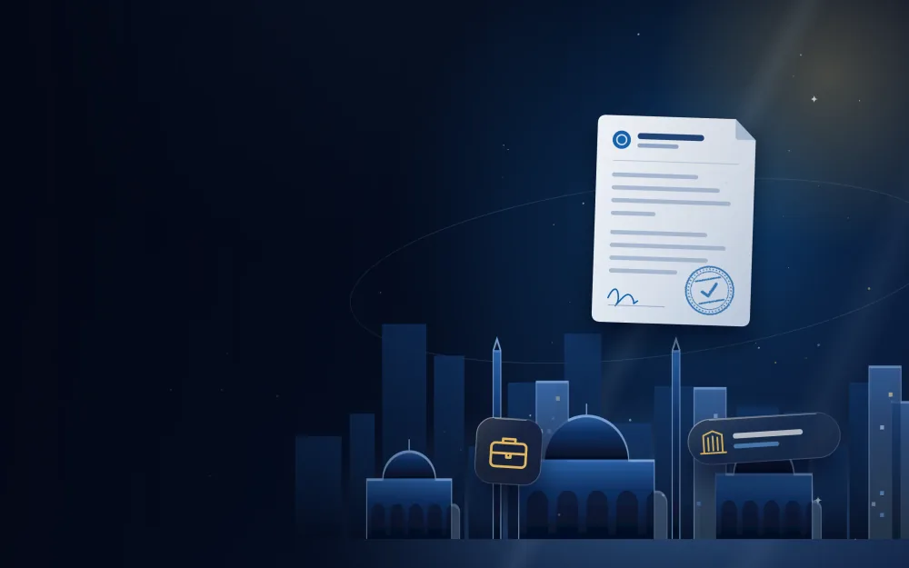 City skyline with company registration documents and business icons
