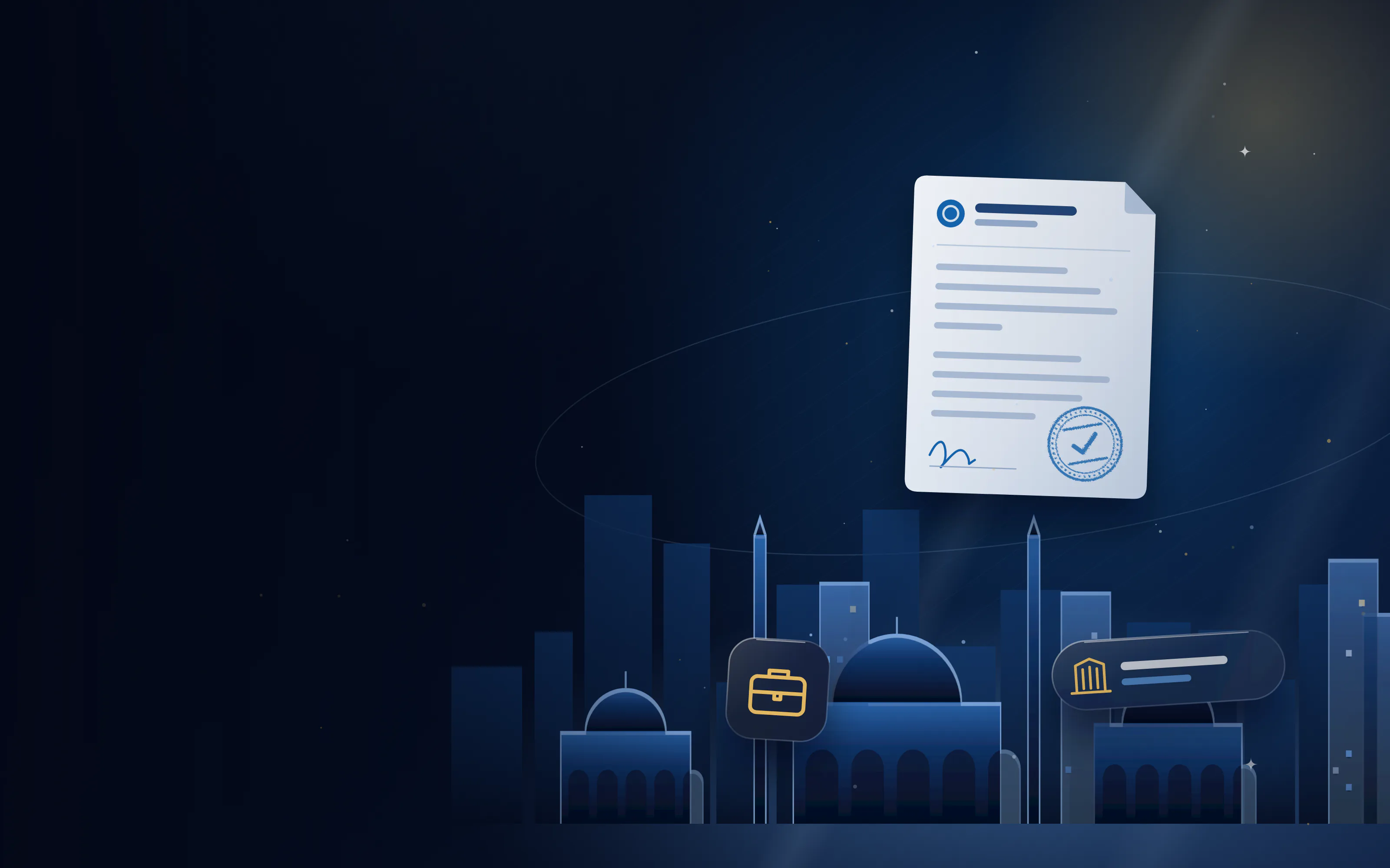 City skyline with company registration documents and business icons