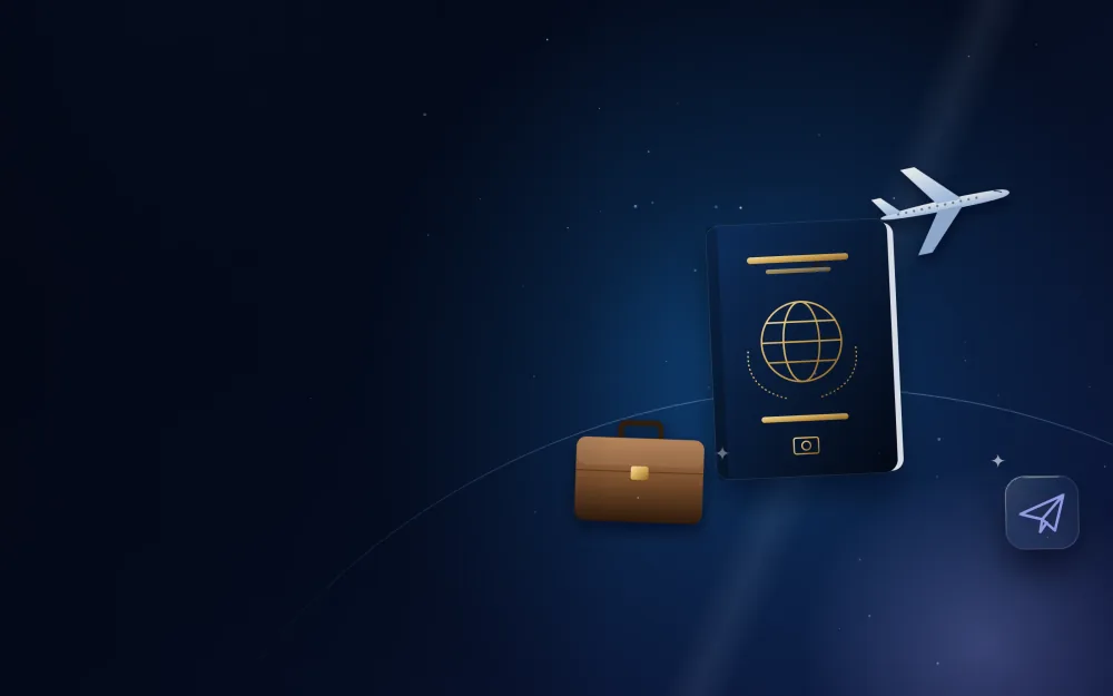 Passport with a briefcase and aeroplane for a business visa
