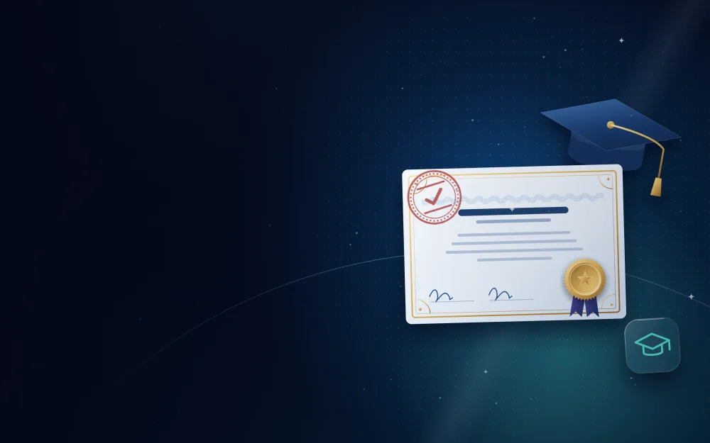 شهادة تعليمية مع قبعة تخرج وختم ذهبي وختم تصديق