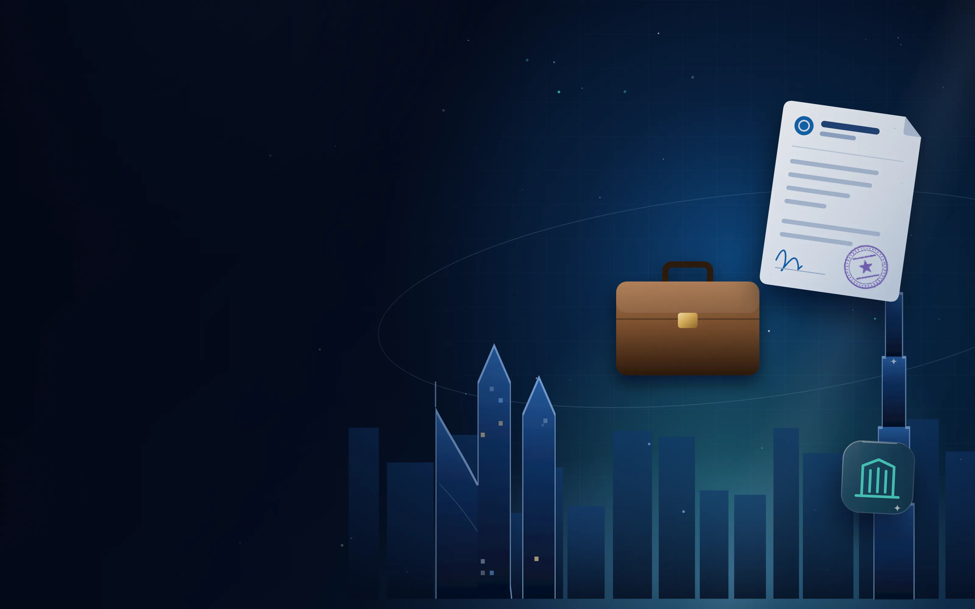 Business briefcase and registration document in front of a city skyline