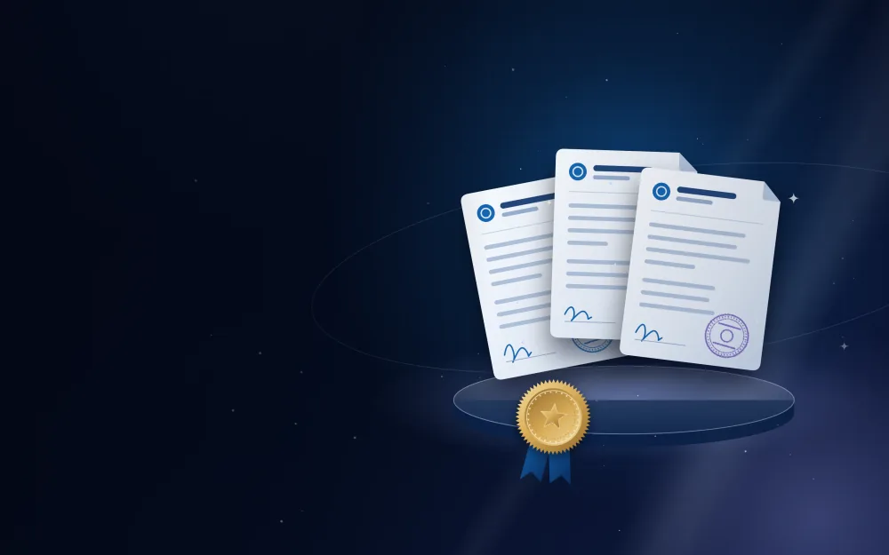 Fan of documents with different attestation stamps and a gold seal