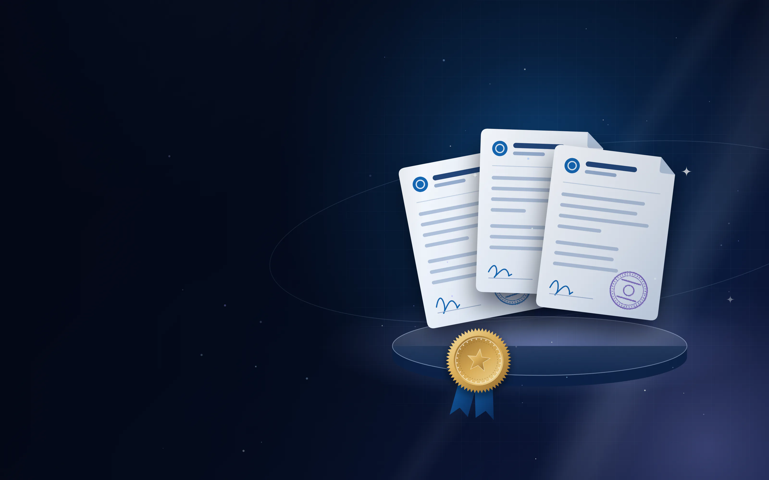 Fan of documents with different attestation stamps and a gold seal