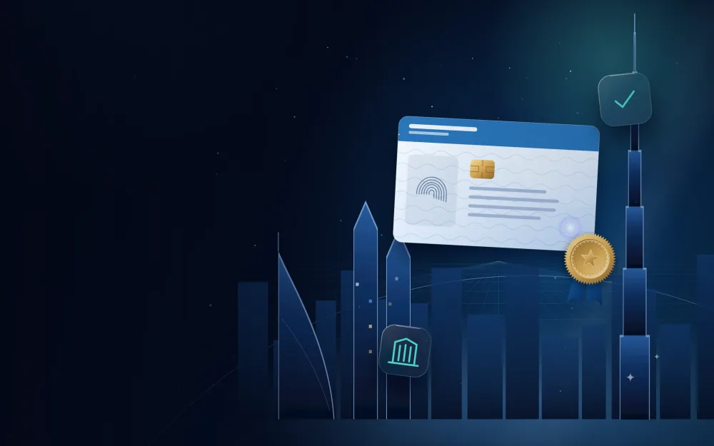 بطاقة رخصة تجارية بختم ذهبي أمام أفق المدينة