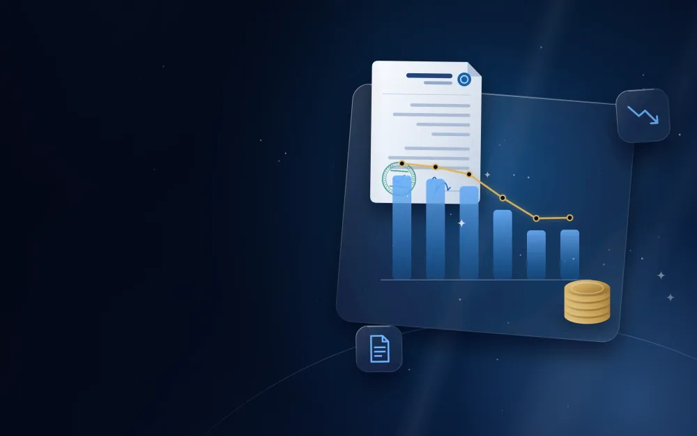 مخطط أعمدة تنازلي وعملات ذهبية ومستندات إغلاق شركة وتصفيتها
