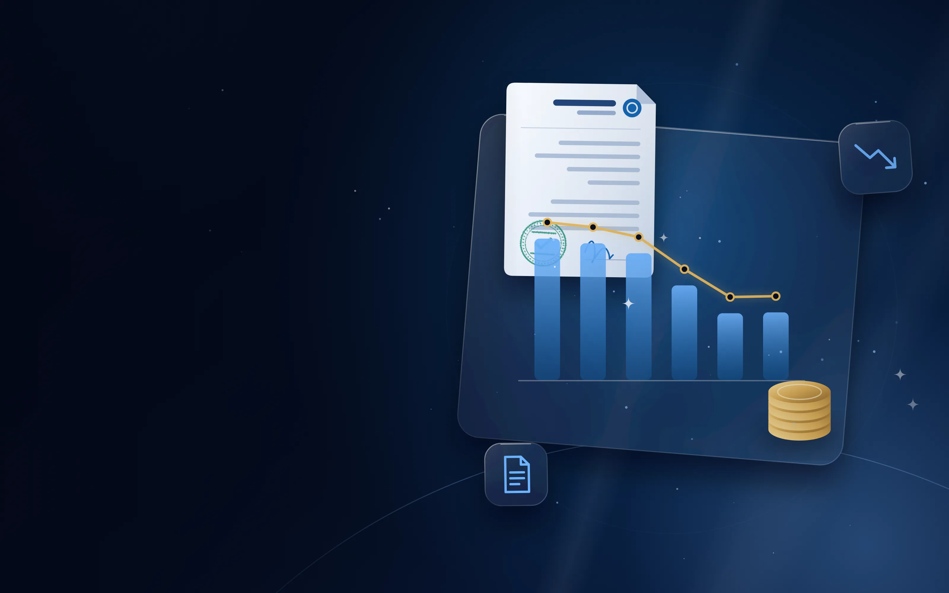 Declining bar chart, gold coins and closing documents for company liquidation