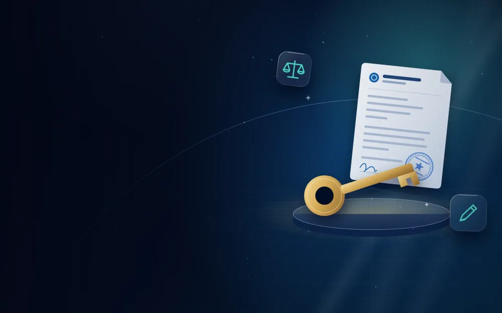 Large golden key on a display stand in front of a power of attorney document