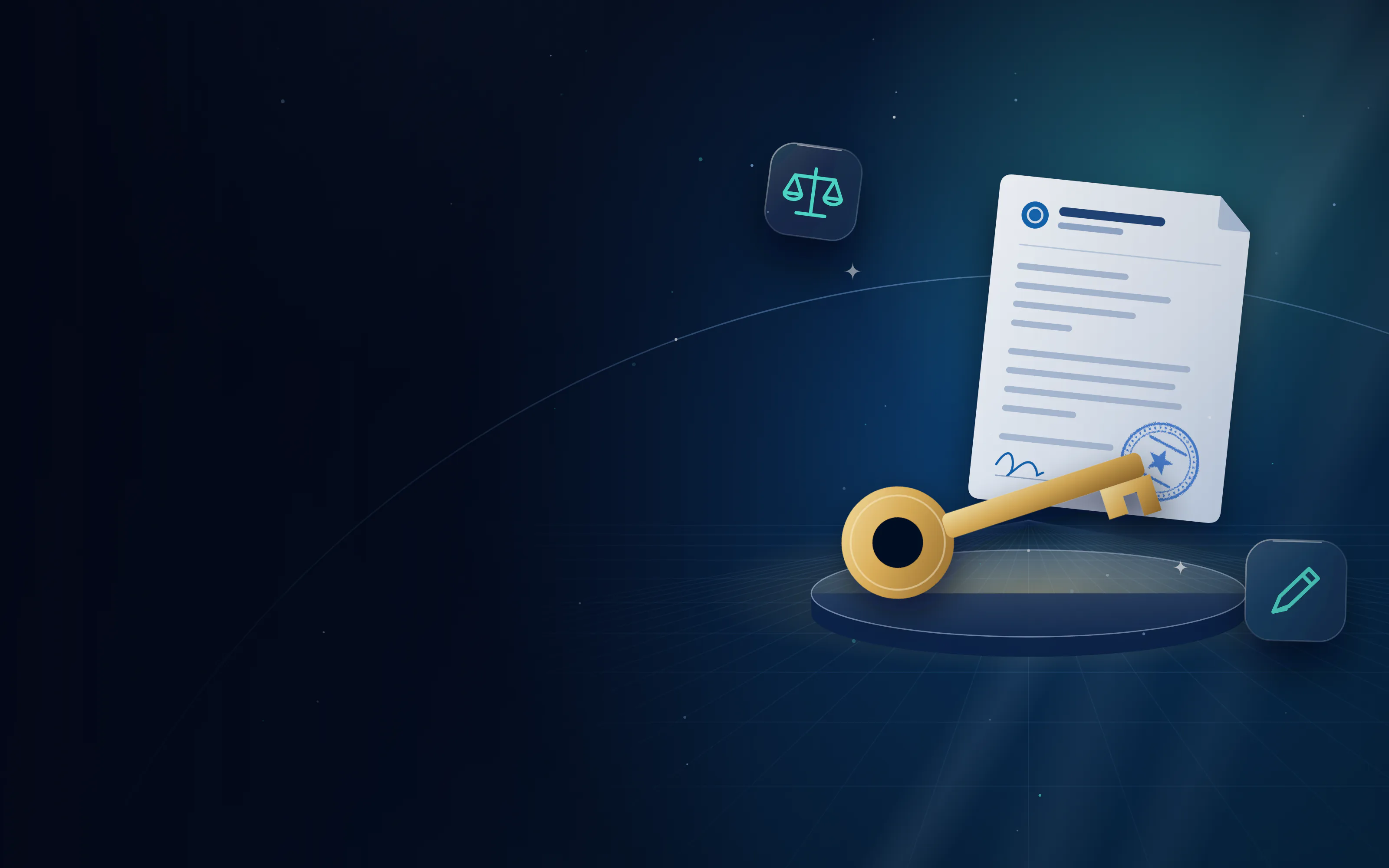 Large golden key on a display stand in front of a power of attorney document