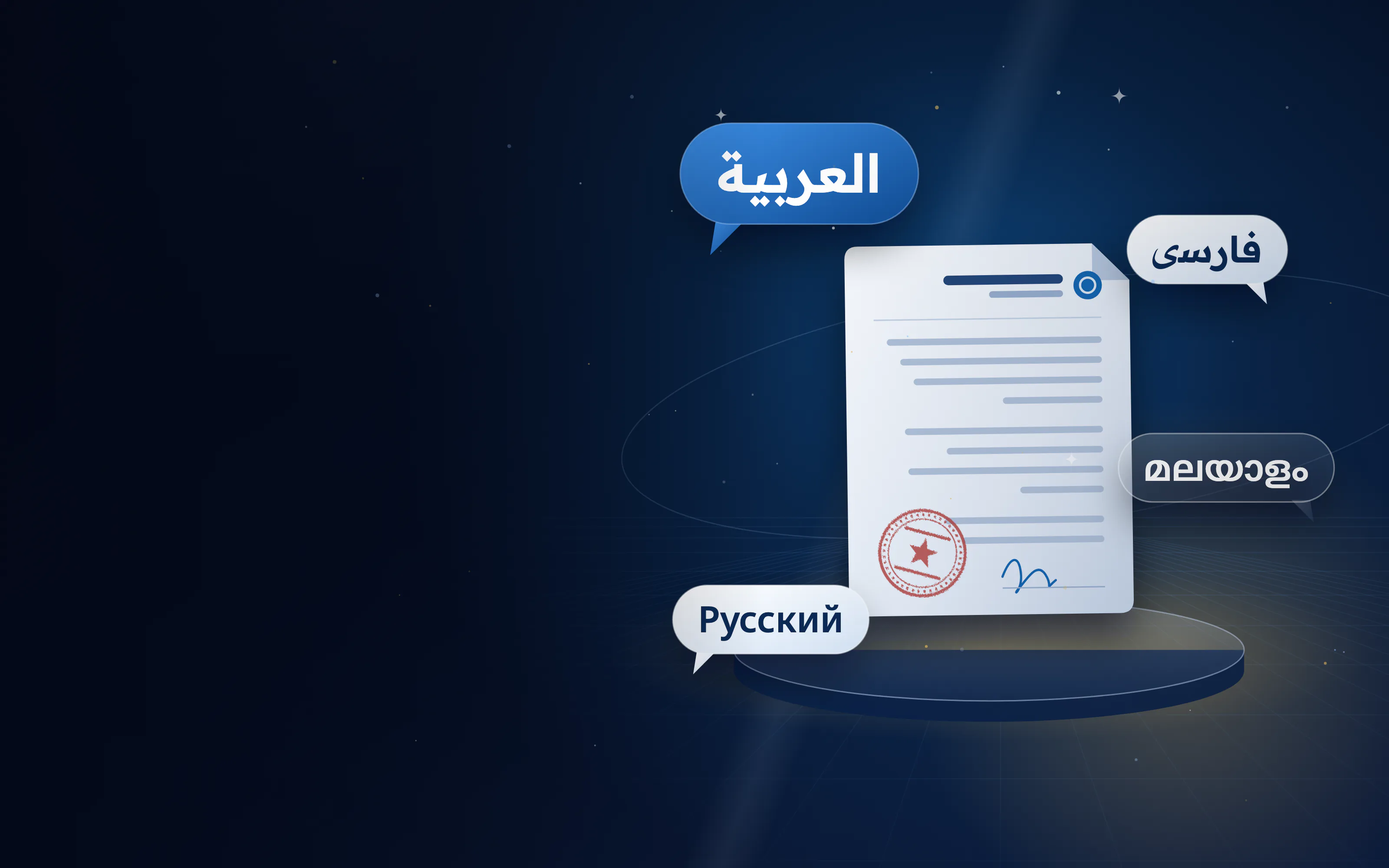 Translated document surrounded by Arabic, Persian, Malayalam, Russian speech bubbles