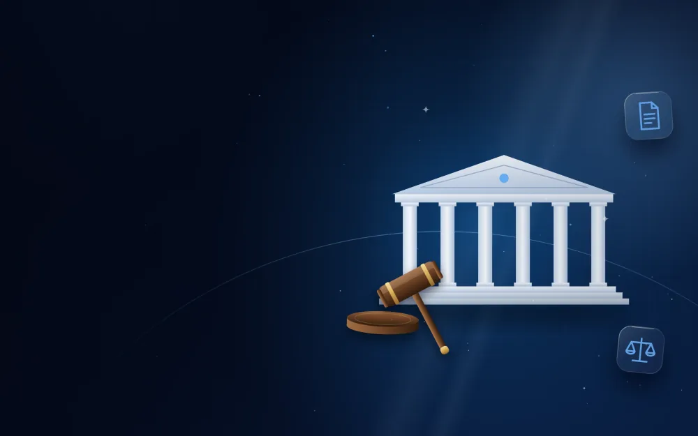 Courthouse with classical columns and a wooden gavel