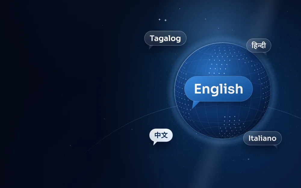 فقاعة حوار بالإنجليزية حول كرة أرضية تحيط بها نماذج باللغات التاغالوغية، الهندية، الصينية، الإيطالية