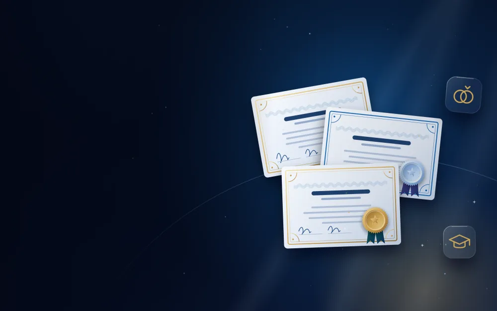 Several attested certificates fanned out: educational, personal and commercial