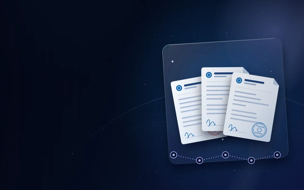 ثلاثة مستندات بأختام تصديق يربطها مسار خطوات متتابعة