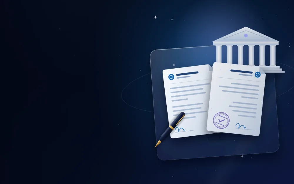 Memorandum of association pages with a company building and fountain pen