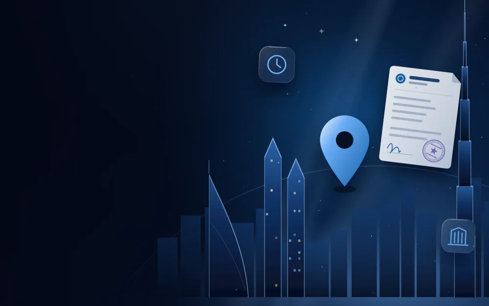 Location pin over the Dubai skyline with a stamped document