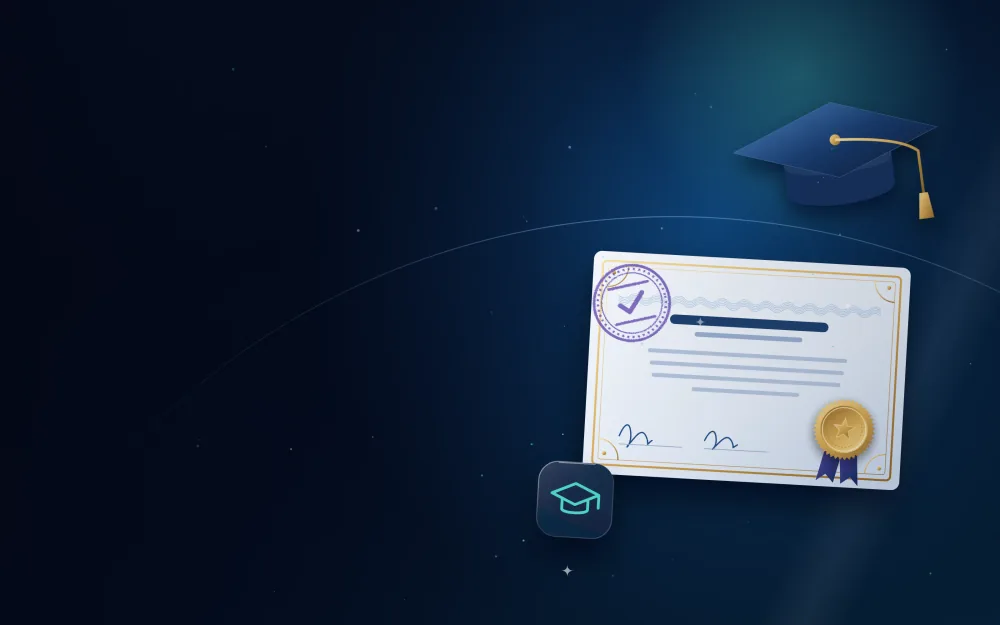 Educational certificate with a graduation cap, gold seal and attestation stamp