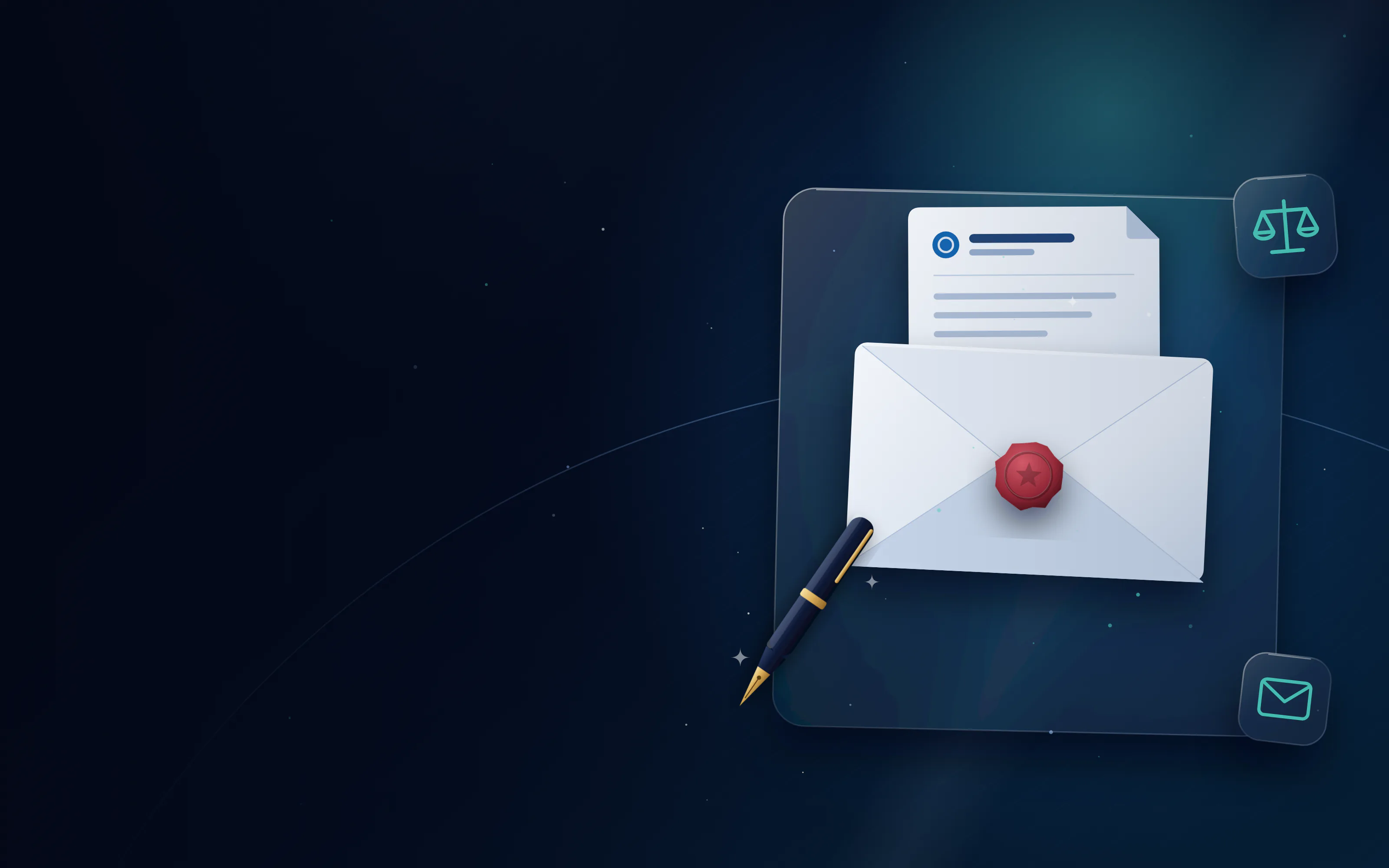 Legal notice letter in an envelope sealed with red wax, with a fountain pen
