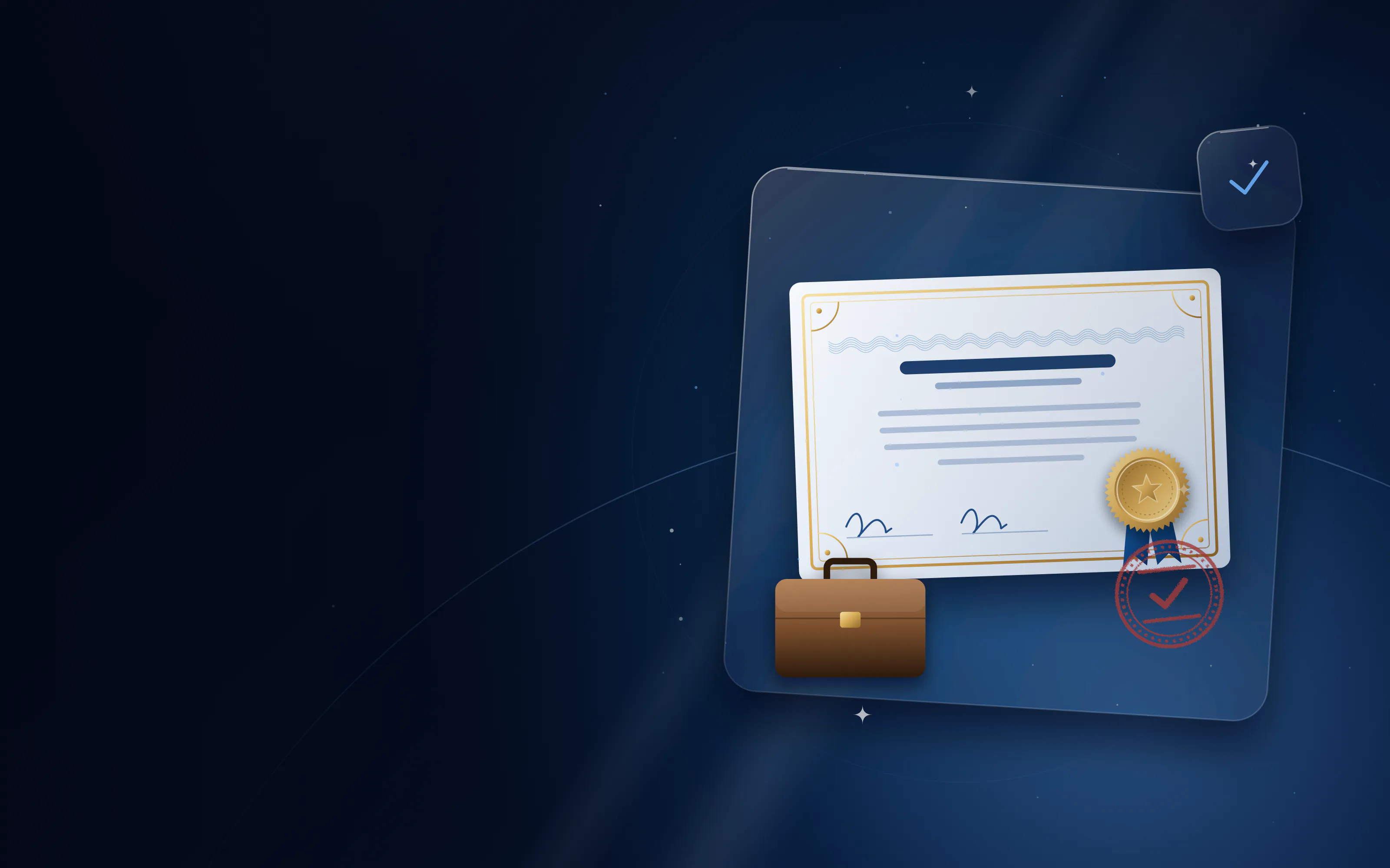 Experience certificate with a gold seal, an attestation stamp and a briefcase