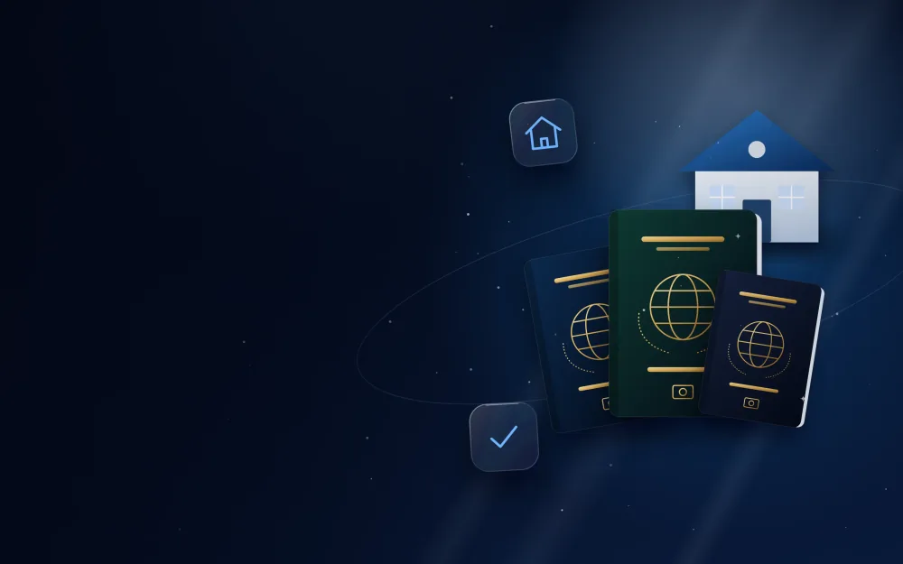 Three family passports of different sizes in front of a house