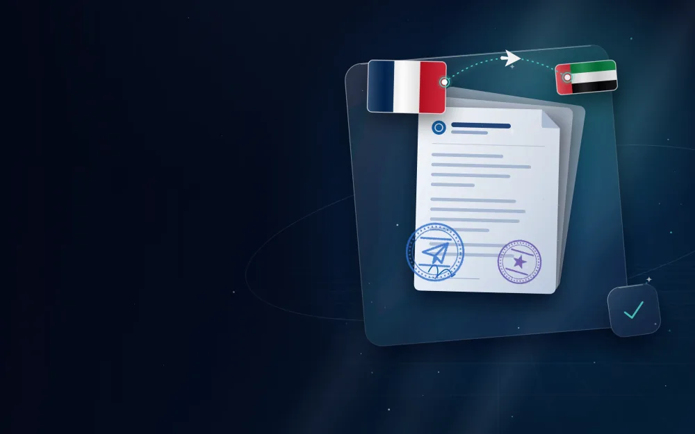 Stamped documents with the flag of France, a UAE flag and a flight route between them