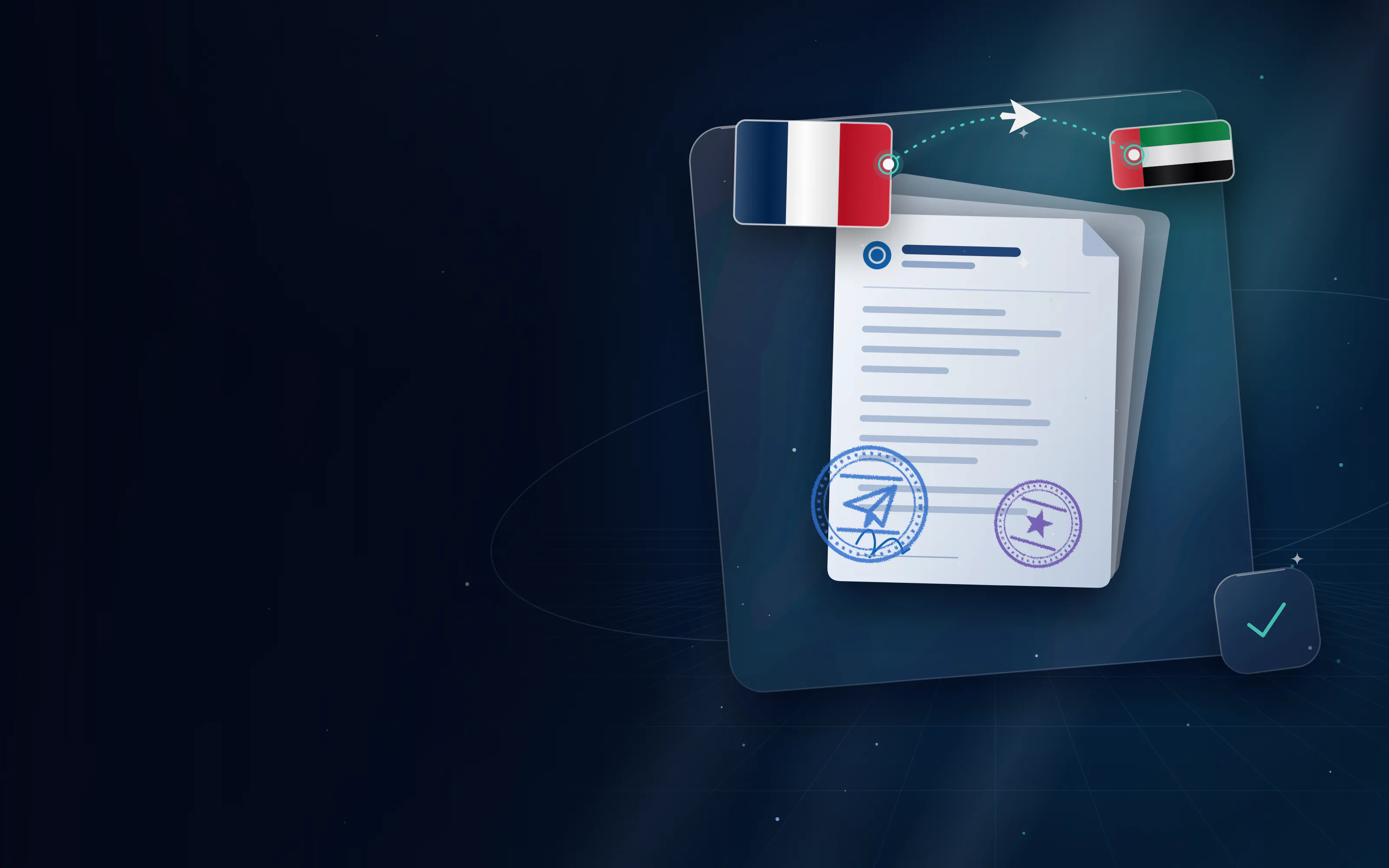 Stamped documents with the flag of France, a UAE flag and a flight route between them