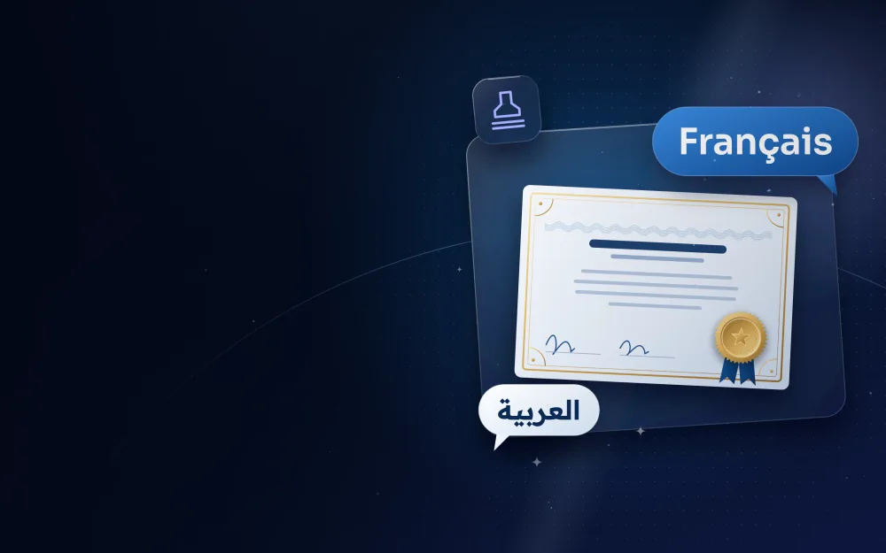 French and Arabic speech bubbles over a translated certificate