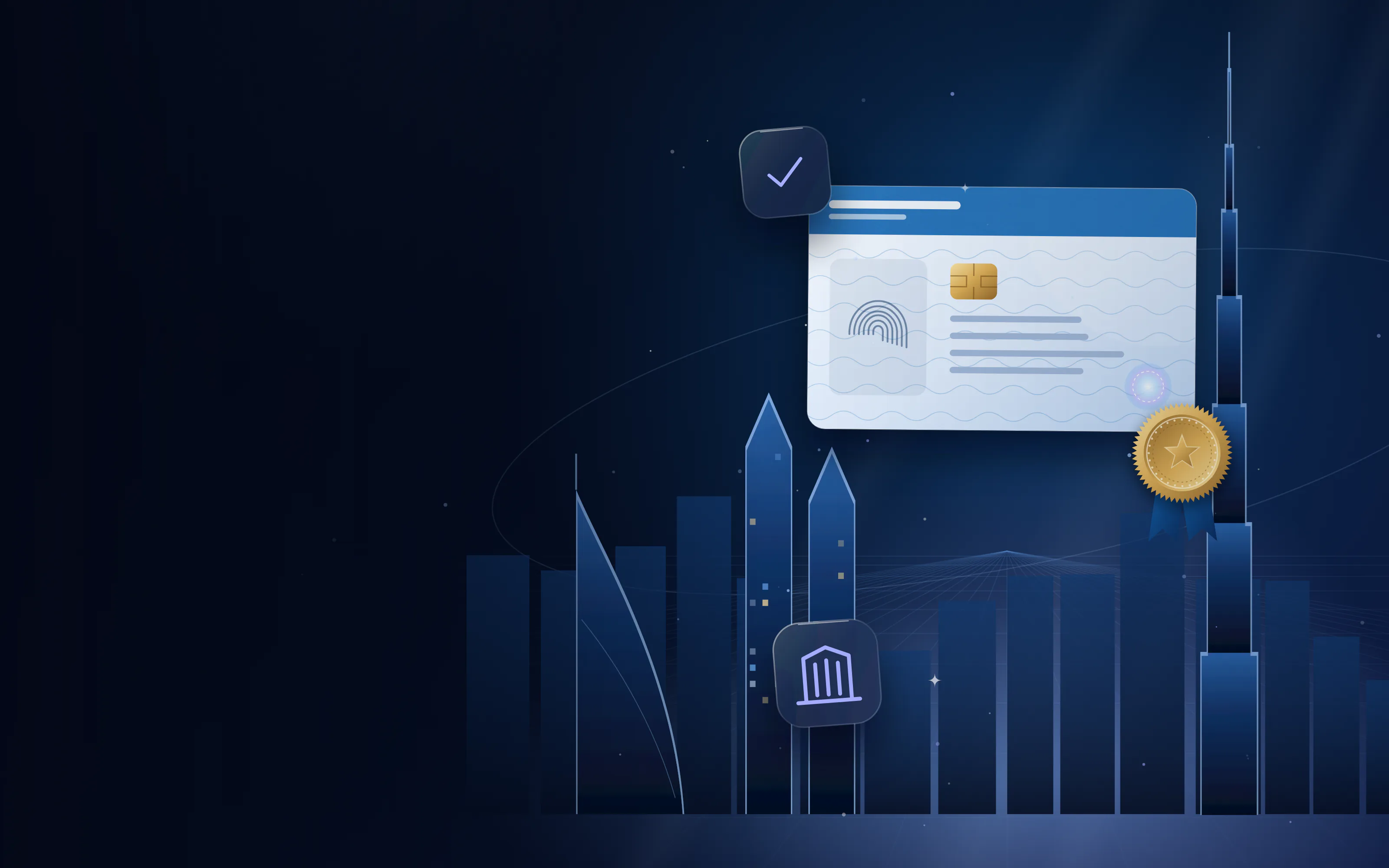 Trade licence card with a gold seal in front of a city skyline