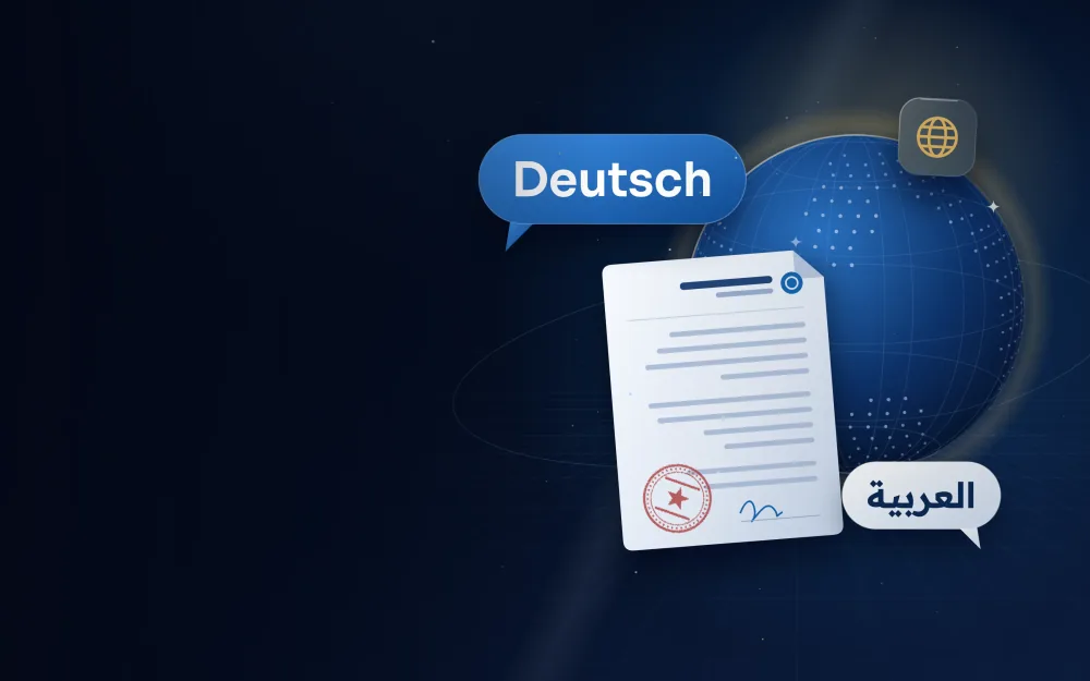 German and Arabic speech bubbles next to a legal document and a globe
