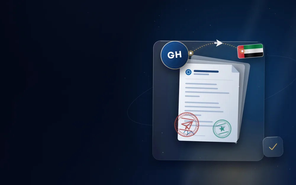 مستندات مختومة مع شارة غانا وعلم الإمارات ومسار رحلة بينهما