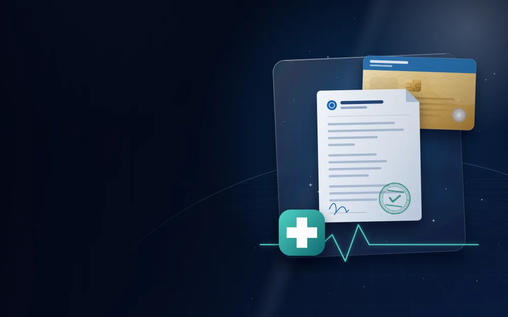Golden residence card beside a medical document, healthcare cross and heartbeat line